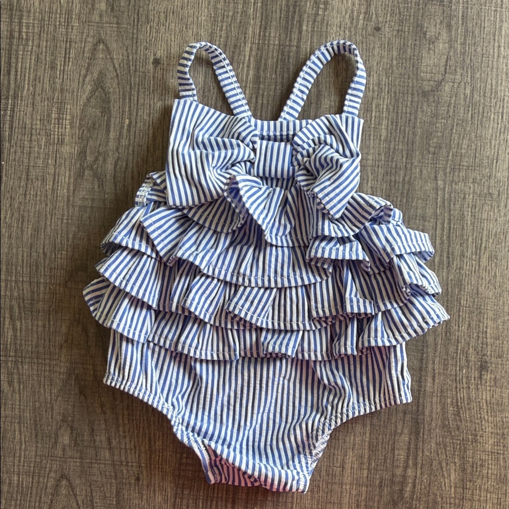 Mudpie Baiting Suit Blue & White Striped Ruffle Baby One-Piece